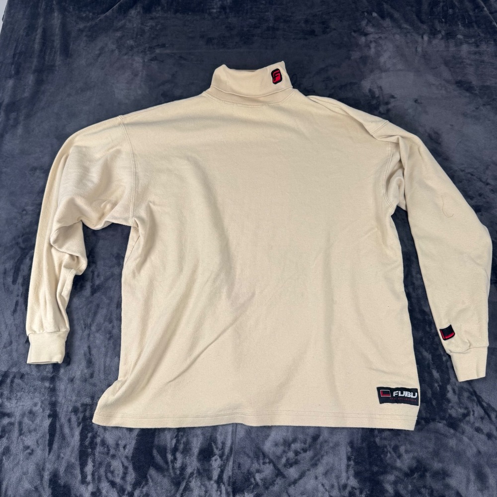 FUBU Turtleneck Shirt Mens Large Beige Vintage 90s Streetwear Long Sleeve